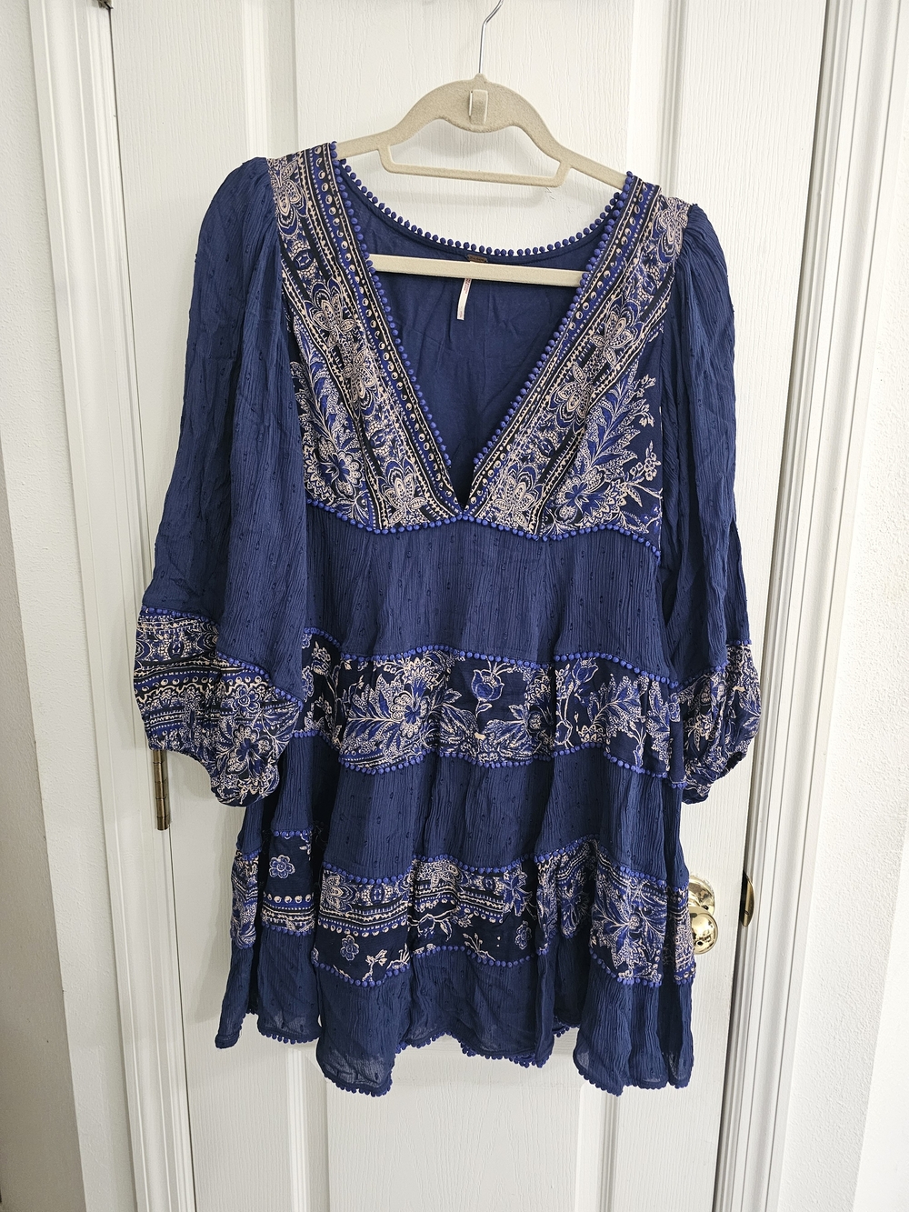Free People Navy Blue Embroidered V-Neck Mini Dress